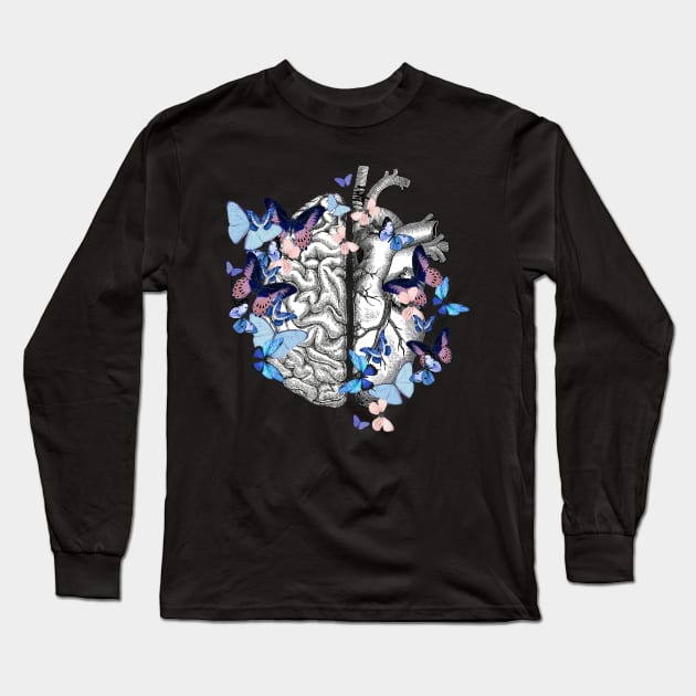 Cute blue butterflies for head and heart, half brain half heart, vintage watercolor Long Sleeve T-Shirt by Collagedream